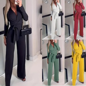 Mono Elegante de Color Sólido para Mujer, Sexy, Cuello en V, Manga Larga, Cintura Ajustada, a la Moda - Product Image 2