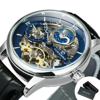 Forsining Montre mécanique squelette de luxe pour homme Montre automatique à double fuseau horaire Bracelet en cuir véritable Phase de lune