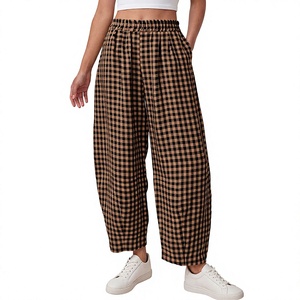 Women Breathable Flat <b>Plaid</b> Barrel <b>Pants</b> High Waist Wide Leg Loose Casual Trousers with Pockets Summer Wear - Product Image 4