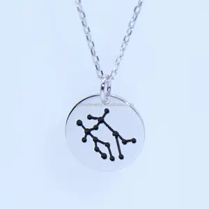 Best Jewelry Agent 925 Silver Sterling Rhodium Black Enamel Gemini Astrology 12 constellatory Disc Round Pedant Necklace