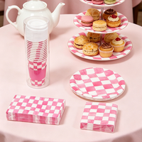 Vaisselle jetable à carreaux roses pour mariage, fête prénuptiale, anniversaire et fournitures de fête : serviettes, assiettes en papier, gobelets en papier