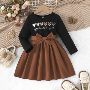 Exquisite Letter Printed Elegant Party <strong>Dress</strong> for <strong>Kids</strong> 4-7 Years Old Bow Belt Pleated Long Skirt with Lace Decoration ODM Supply - Product Image 1