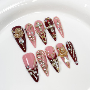 Uñas postizas largas hechas a mano al por mayor, degradado marrón nude de otoño invierno, con flores 3D, para manicura femenina. - Product Image 6