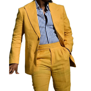 Fashion Summer <b>Yellow</b> Linen/Cotton Single Breasted Notched Collar <b>Men's</b> Slim Fit Casual Suit <b>Blazer</b> High Quality High Street - Product Image 1