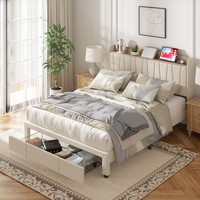 Cadre de lit mural Queen Size de luxe avec tête de lit rembourrée et base robuste, montage facile pour suite principale et suite familiale