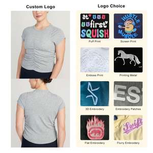 Tops cortos para mujer, camiseta plisada de manga corta con cuello redondo, camiseta de manga corta plisada de verano, camiseta informal ajustada de algodón para mujer - Product Image 6