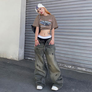 Jeans à jambe droite ample à imprimé lettres pour femmes, style décontracté de rue Y2K, style délavé - Product Image 1
