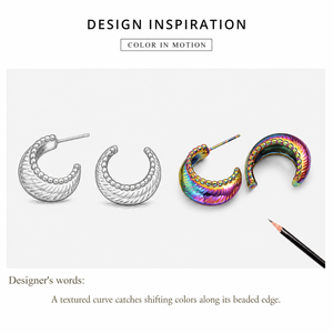 Textured <b>C</b> Hoop Earrings Stainless Steel Iridescent Multicolor Look with Beaded Edge and Diagonal Surface Detail - Product Image 2