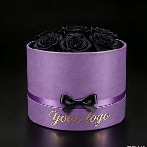 Custom Round Purple <b>Gift</b> Box With Black Roses Gold Foil Logo And Purple <b>Bow</b> For Flower Packaging - Product Image 4