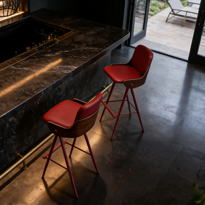 Genuine Red <b>Leather</b> <b>Stool</b> Chair with Sturdy Metal Legs Classic Fixed Height & Padded Backrest for Elegant Restaurant& <b>Bar</b> - Product Image 4