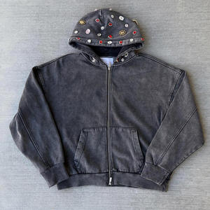Sudadera con capucha de alta calidad para hombre, de algodón <span class=keywords><strong>terry</strong></span>, lavado ácido, estilo oversize, streetwear, gruesa, con cremallera, adornada con perlas y pedrería. - Product Image 1