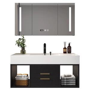 Mueble de Baño Moderno de Pared en Gris Oscuro con Lavabo Integrado de <span class=keywords><strong>Piedra</strong></span> Negra, Espejo LED y Estantes Abiertos para Uso en Baños - Product Image 6