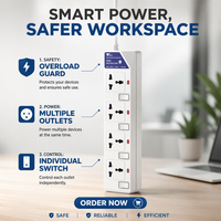Multiprise universelle AOTA 4 voies avec interrupteurs individuels, 13A 2500W, prise d'extension avec protection par fusible et barrière de sécurité CE BPS