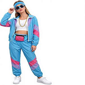 Ensemble de survêtement rétro pour femme 2026 – Veste zippée colorblock rose, turquoise et jaune coupe-vent et pantalon large – Ensemble deux pièces coordonné - Product Image 1