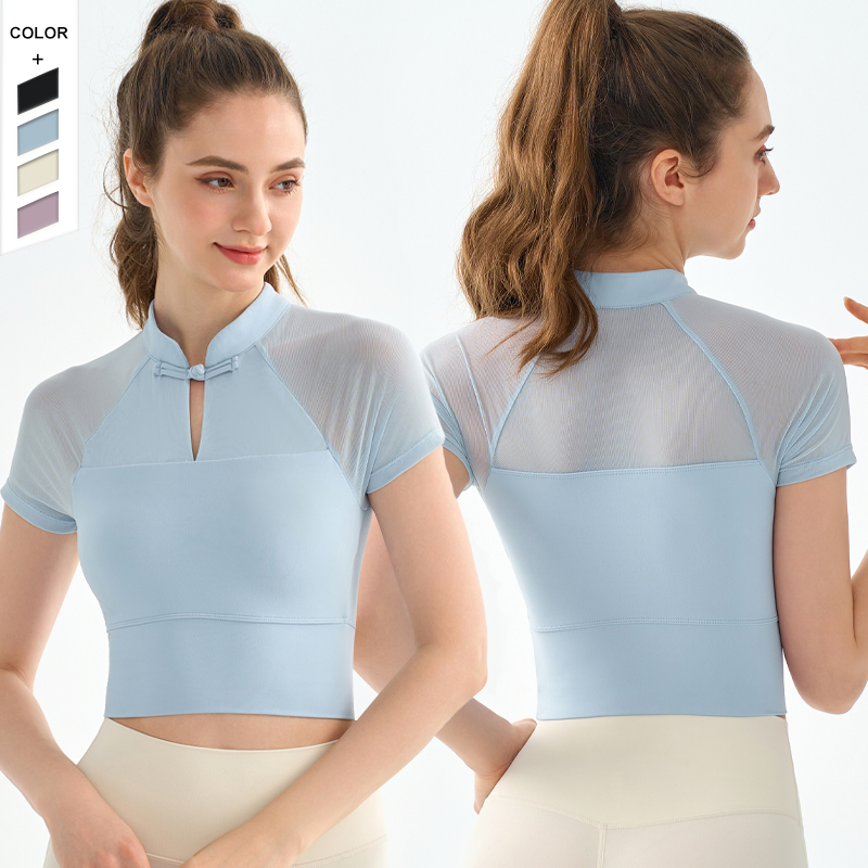 2024 New Mesh Yoga Dress Women's Chest Cushion Sports Top T-shirt Slim Fit Standing Neck Fitness Short Sleeve
