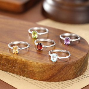 Minimalist 925 Sterling <b>Silver</b> Bamboo <b>Adjustable</b> Finger <b>Rings</b> With 5*7mm Oval Cut Natural Stones Fine Jewelry For Women - Product Image 3