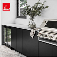 Ensemble d'armoires de rangement de cuisine complète Alland Luxury Villa en contreplaqué laqué noir mat moderne avec îlot cannelé