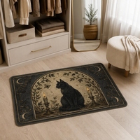 Tapis moderne en polyester imitation velours, motif chat noir gothique avec bougies, croissant de lune et papillons, fabriqué à la machine, pour chambre à coucher