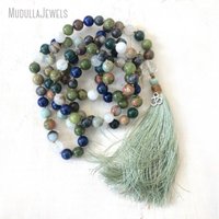 MN37203 Mala Japamala 108 perles nouées à la main en Jaspe Serpent et Lazuli, avec pompon en sauge, bijou de méditation, cadeau religieux bénit