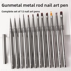 12Pcs Gunmetal Handle Nail Art Brush Set Fine Line Detail Painting Gel Polish Brushes for Salon - Product Image 1