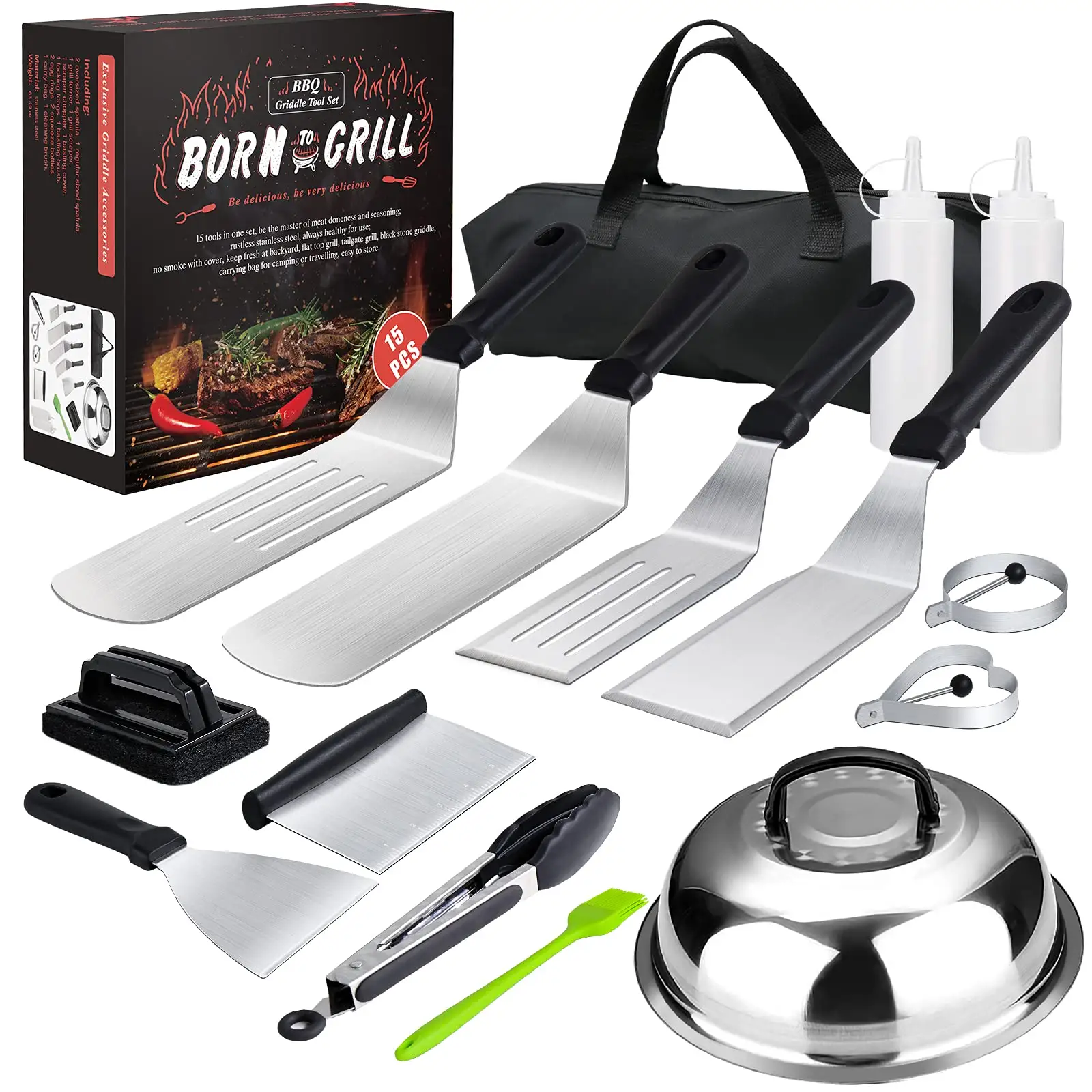 Accessoires de plaque chauffante 15 pièces Kit d'accessoires de gril à dessus plat ensemble d'outils d'accessoires de barbecue Teppanyaki en acier inoxydable