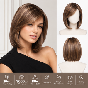 Perruque synthétique courte et droite, style bob, avec frange latérale, mèches blondes et brunes, résistante à la chaleur, pour femmes, vente en gros, OEM, ODM, personnalisable - Product Image 1