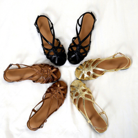 Sandales romaines rétro en PU tressé ajouré, à bout ouvert, à talon bas, pour femme, à bride unique, couleur unie, antidérapantes