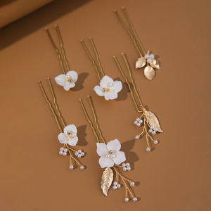 Romantiche forcine fiore in ceramica oro 6 pezzi set lega foglia ornamenti per capelli Vintage imitazione perla per capelli da sposa spilla - Product Image 4