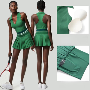 Nueva Llegada, Ropa Deportiva de Tenis de Alta Calidad con Estampado de Canalé, Conjunto de 2 Piezas para Mujer, Camiseta sin Mangas con Cuello en V y Falda Corta Plisada para Tenis - Product Image 2