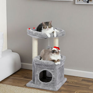 Albero per Gatti Moderno e Lussuoso in Grigio con Tiragraffi e Cuccia, Personalizzabile, in Materiale Sisal, Imballato in Cartone - Product Image 1