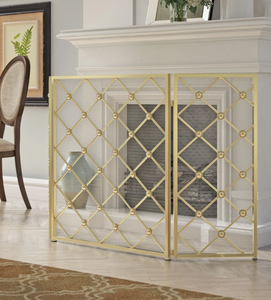 Global Safety Standard Freestanding Curved Mesh <strong>Guard</strong> Gold Color Three Panel Metal Fireplace Screen for See-through <strong>Hearths</strong> - Product Image 3