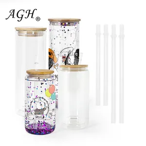 Sublimazione del magazzino USA 16oz 25oz doppio vetro Wallear può vuoto Snowglobe Snow Globe bicchieri foro preforato con coperchio in bambù