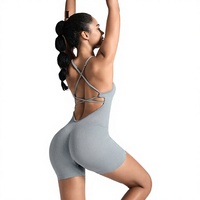 Combinaison de sport sexy style européen-américain, col en V, respirante, en Spandex/Nylon, une pièce, avec short intégré - Nouvelle combinaison de yoga transfrontalière