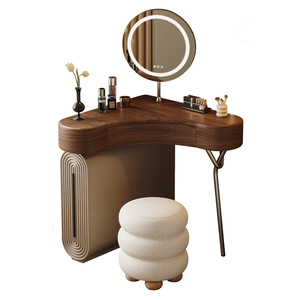 Table de toilette moderne avec miroir éclairé, coin triangulaire, bois massif, rangement intégré, petit appartement, chambre à coucher - Product Image 4