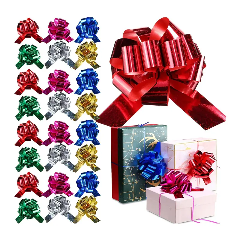 Wholesale Custom Pom Pom Pull Bows Christmas Red Blue Gold Flower PP Prepare Tied Plastic Gift Pull Bow Ribbon