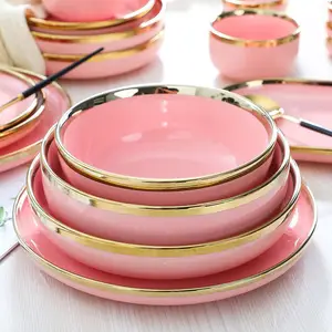 Gouden Velg Ontwerp Keramische Serviesenset 7 Inch 7.5 Inch 8 Inch 9 Inch 10 Inch Roze Bord Elegant Porseleinen Dinersets