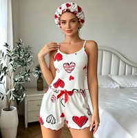 Ensemble pyjama grande taille P588 imprimé cœurs bonbons pour femme, caraco côtelé et short avec bonnet de douche, vêtements d'intérieur et de nuit