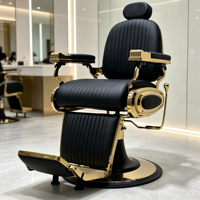 Chaise de coiffure sophistiquée noire et or, coussin en cuir côtelé, base ronde sur piédestal