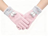 Gants en jacquard tricoté acrylique/coton chauds, compatibles écran tactile, avec patch lapin 3D rose et gris, mignons pour femmes et hommes, pour sports d'hiver, activités de plein air et usage quotidien