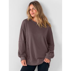 FOXA Sweat-shirt oversize pour femme, col rond, épaules tombantes, fentes latérales, pull ample en coton et fibre de bambou tricoté respirant - Product Image 2