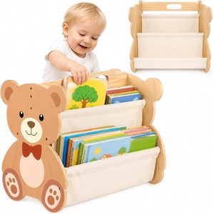 Étagère à livres en bois pour enfants, organisateur de rangement sur pied avec poches en toile, meubles pour chambre d'enfant - Product Image 1
