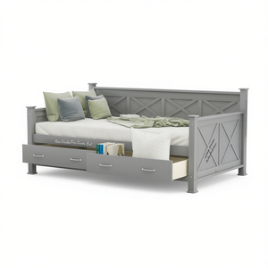 Lit de repos double moderne avec 2 grands tiroirs, cadre en forme de X, lit gris, construction en bois massif - Product Image 1