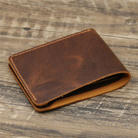 Dompet Kulit Asli Pria Retro Vintage, Buatan Tangan, Gaya Retro Sederhana dengan Penutup Terbuka, Kulit Crazy Horse, Tempat Kartu