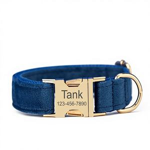 Collier et laisse pour chien en métal gravé personnalisé avec le nom de l'animal, bleu royal, avec cloche et nœud, livraison gratuite - Product Image 1