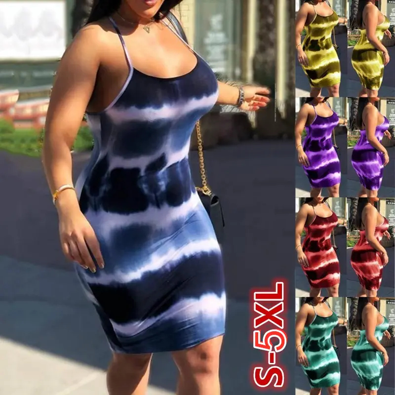 2023 플러스 사이즈 S-5xl 여자의 넥타이 염색 Bodycon 원피스 섹스 슬립 캐주얼 원피스 여름 Sundress 여성용