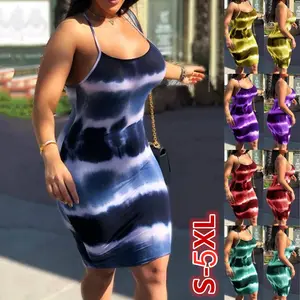 S-5xl ukuran besar 2023 gaun Bodycon Tie Dye wanita gaun kasual Slip seks Sundress musim panas untuk wanita