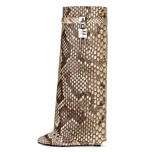 Fold Over Long Booties Soft Overlay Slip-on Wedge Heel <b>Shoes</b> Women's Knee High Boots Metal Shark Lock Size 43 - Product Image 5