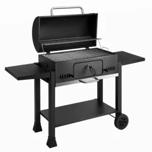 Grand Barbecue noir d'extérieur, fumoir à viande carré grand chariot à charbon Barbecue avec deux tables latérales pliables