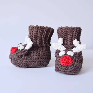 Classic Crochet Baby Booties With Folded Cuff Handmade Knit Cotton Button Booties Crochet Christmas Reindeer Shoes For Baby