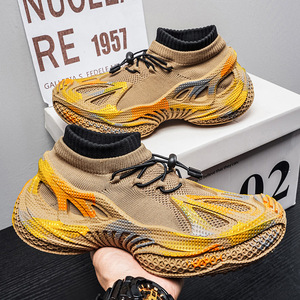 Men's <b>Black</b> Neon Green <b>Sock</b>-Slip-On Sneakers, 3D Printed Mesh Lightweight Non-Slip Sport Shoes - Product Image 2